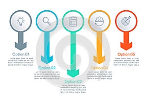 5 steps infographic. Timeline info graphic design with five circles and arrows. Business process layout with outline icons. Vector